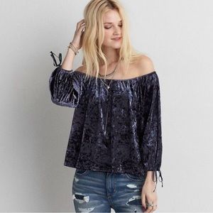American Eagle Blue Crushed Velvet Off The Shoulder Top